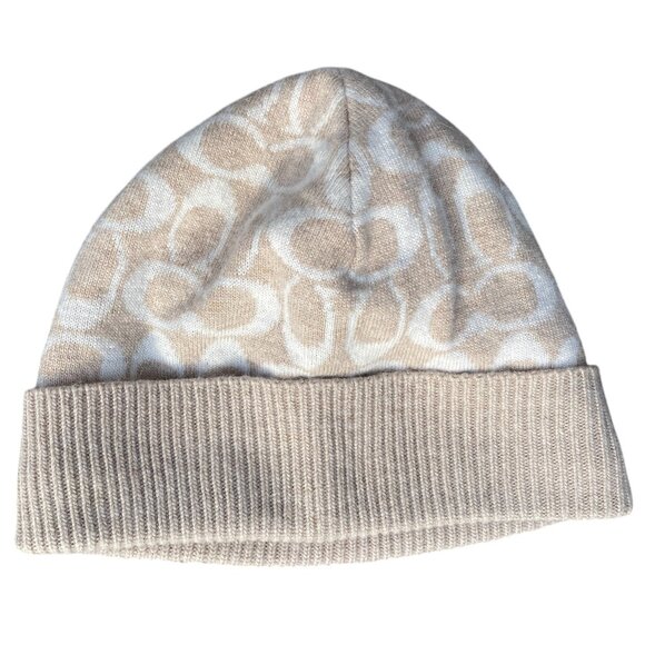 Coach Wool Cashmere Angora Signature Logo Hat Cream Tan Cuffed Beanie Winter - Picture 5 of 12